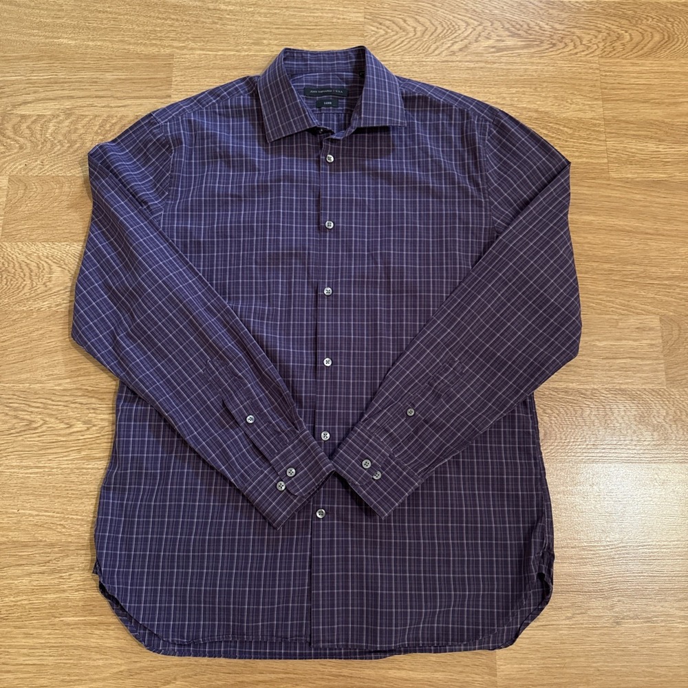 John Varvatos Shirt Mens LUXE Sz 16 Purple Plaid Long Sleeve Button Down Preppy